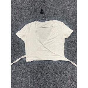 Brandy Melville Wrap Top Women OS White Short Sleeve V-Neck Cropped Basic Tee